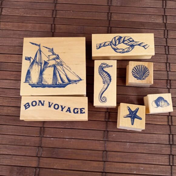 Recollections Bon Voyage 7pc Rubber Stamp Set Nautical Sailing Ship Sea Shell - Picture 1 of 7